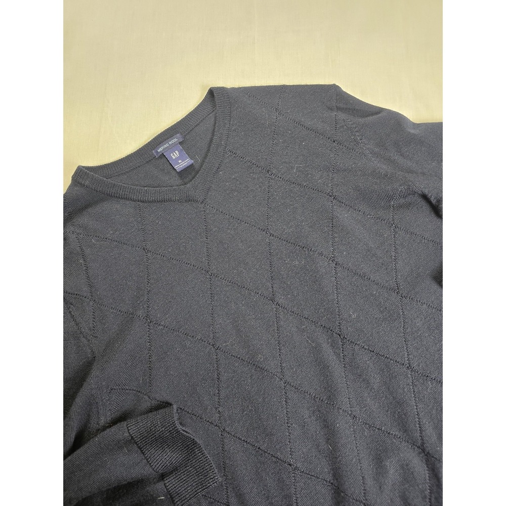 Gap‎ Sweater Mens XL Navy Merino Wool V Neck Diamond Knit Pullover